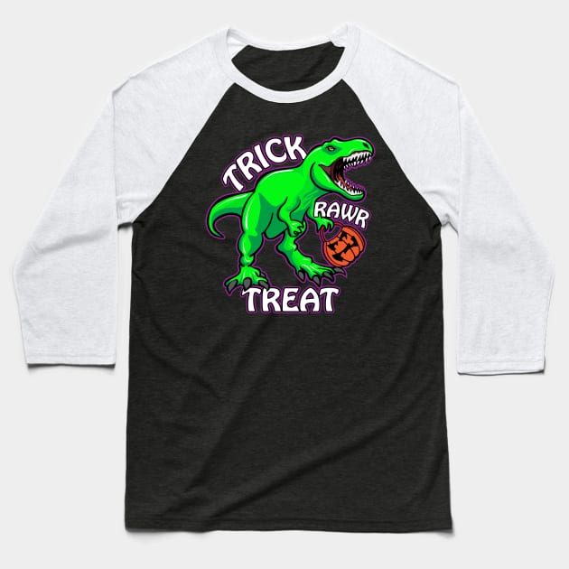 Trick Rawr Treat T Rex Dinosaur with Pumpkin Funny Halloween Cartoon Baseball T-Shirt by hobrath